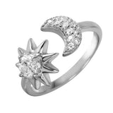 Sterling Silver Rhodium Plated Sun And Moon Open Ring With CZ Accents