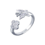 Sterling Silver Fancy Pave Butterfly and Flower Design Open Band Ring with Ring Dimensions of 20MMx22MM