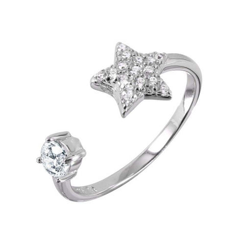 Sterling Silver Rhodium Plated Star Open Shaped Ring With CZ Stones