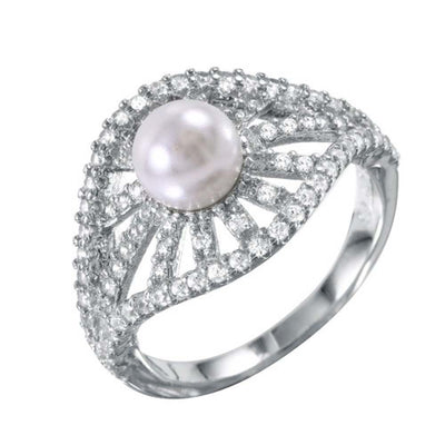 Sterling Silver Stylish Radial Bursts Design ith Clear Cz Accents and Centered White Pearl Ring