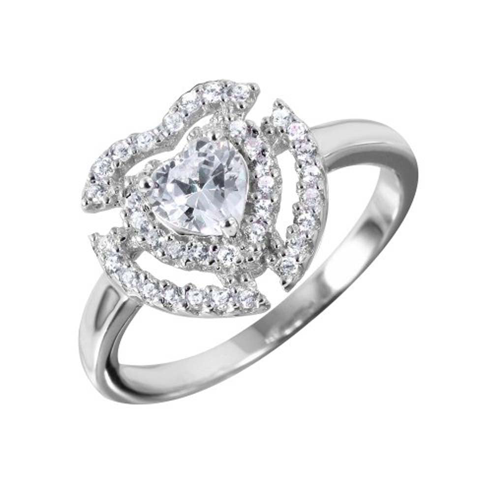 Sterling Silver Fancy Heart Design Embedded with Clear Cz Stones and Centered Heart Cut Clear Cz Ring