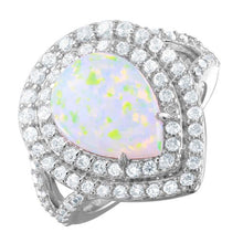 Load image into Gallery viewer, Sterling Silver Rhodium plated White Opal Teardrop Halo CZ Ring