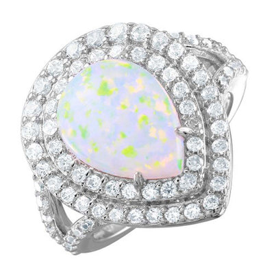 Sterling Silver Rhodium plated White Opal Teardrop Halo CZ Ring