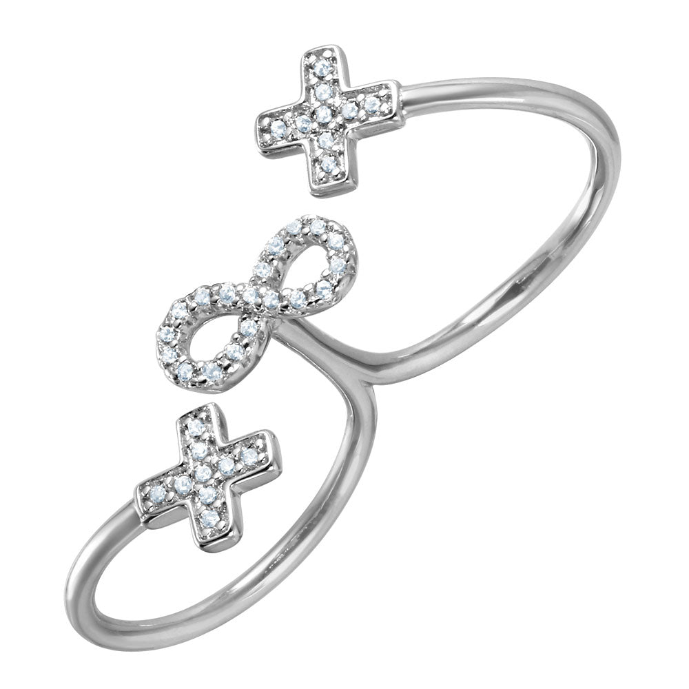 Sterling Silver Rhodium Plated Crosses and Infinity CZ Two-Finger Open Ring