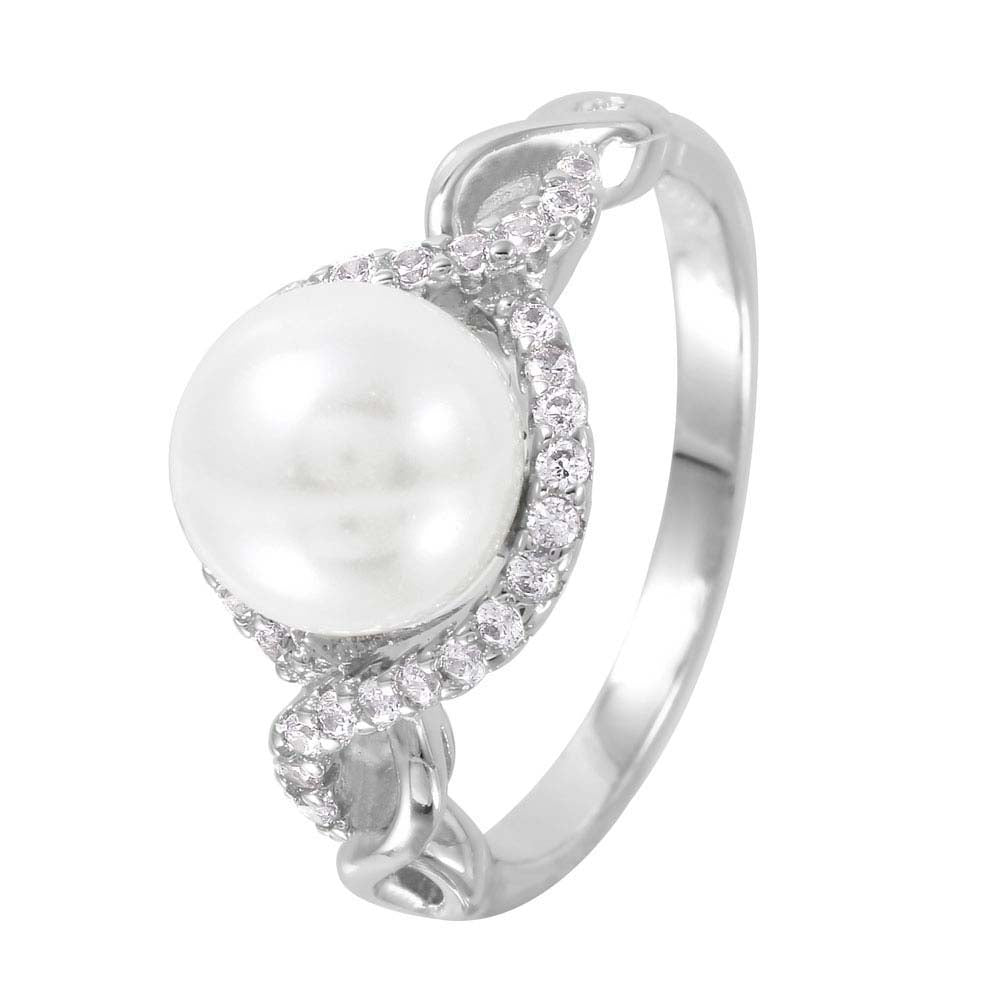 Sterling Silver Rhodium Plated White Faux Pearl Infinity Band Ring with Clear Cz Accent