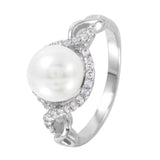 Sterling Silver Rhodium Plated Classy White Faux Pearl Infinity Band Ring with Clear Cz Accent