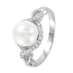 Sterling Silver Rhodium Plated White Faux Pearl Infinity Band Ring with Clear Cz Accent