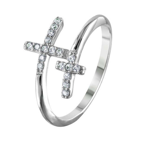 Sterling Silver Rhodium Plated Double Cross Shaped Ring With CZ Stones