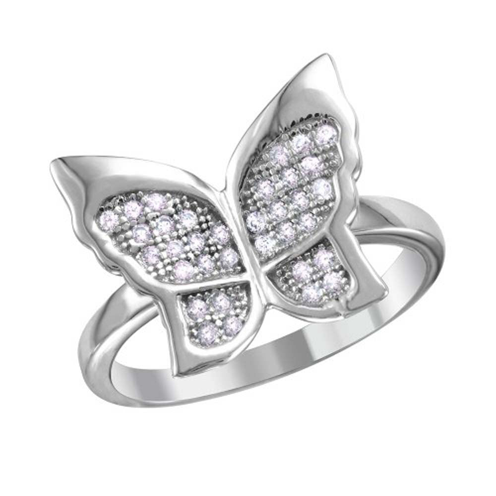 Sterling Silver Rhodium Plated Butterfly Ring With Micro Pave CZ Stones