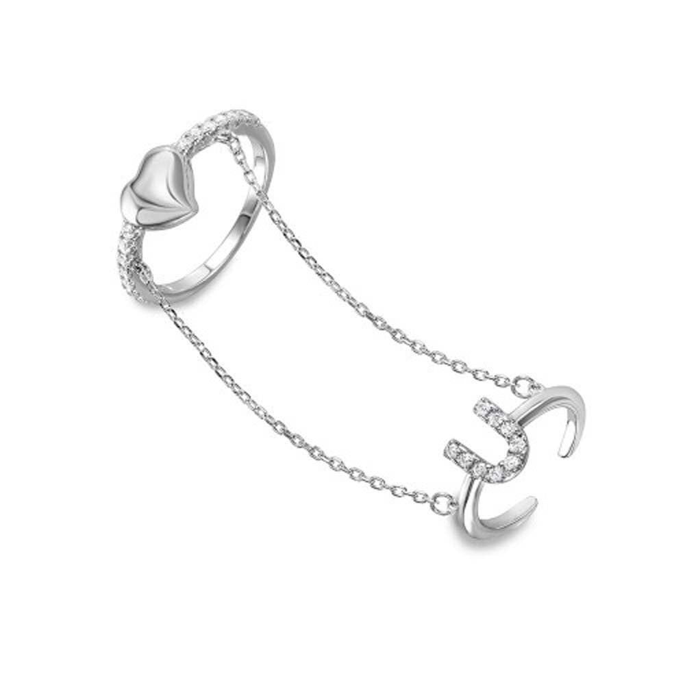 Sterling Silver  Rhodium Plated Two Pcs Slave Finger Heart And U Shaped Ring With CZ Stones
