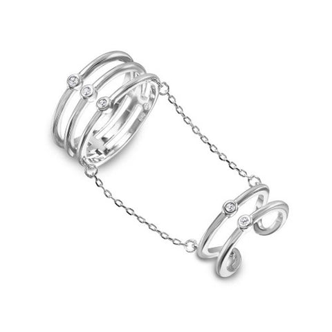 Sterling Silver Rhodium Plated Two Rings In One Attached On A Chain With CZ Stones