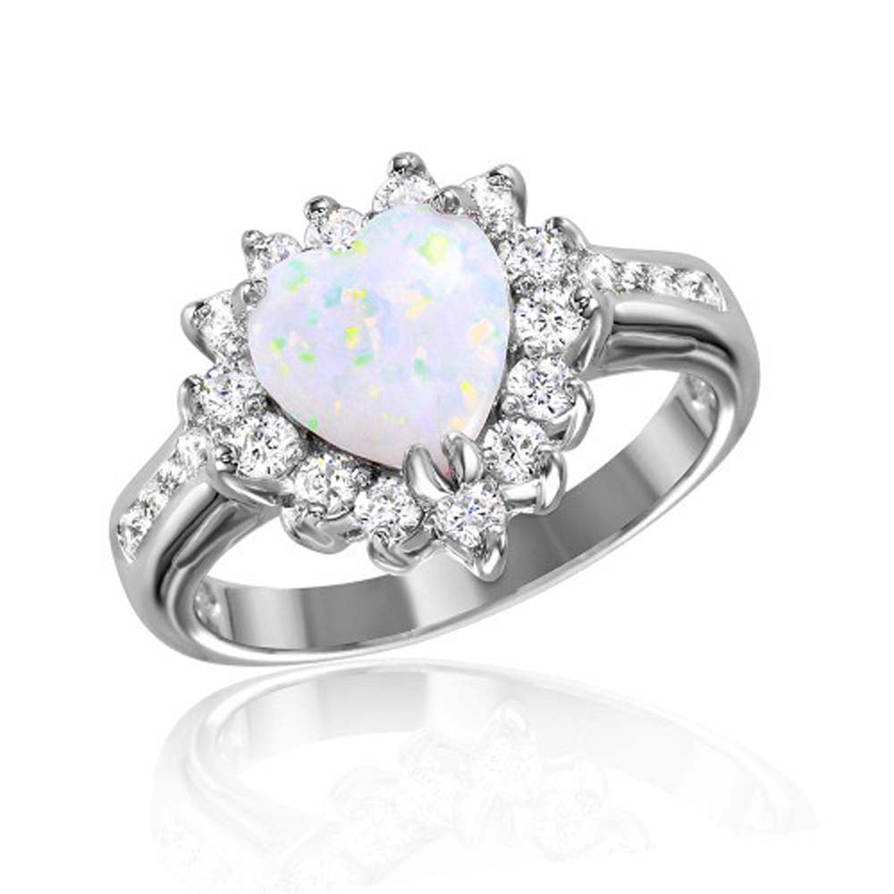 Sterling Silver Rhodium Plated Halo Heart With Synthetic Opal Center Stone Ring