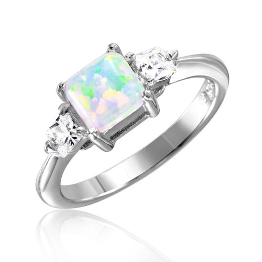 Sterling Silver Rhodium Plated 6mm Synthetic Opal With 3mm CZ On Each SideAnd Dimensions 6mm