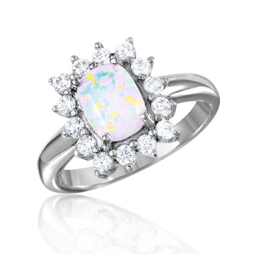 Sterling Silver Rhodium Plated Rectangle Halo Ring With Synthetic Opal Center