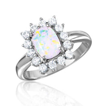 Load image into Gallery viewer, Sterling Silver Rhodium Plated Rectangle Halo Ring With Synthetic Opal Center