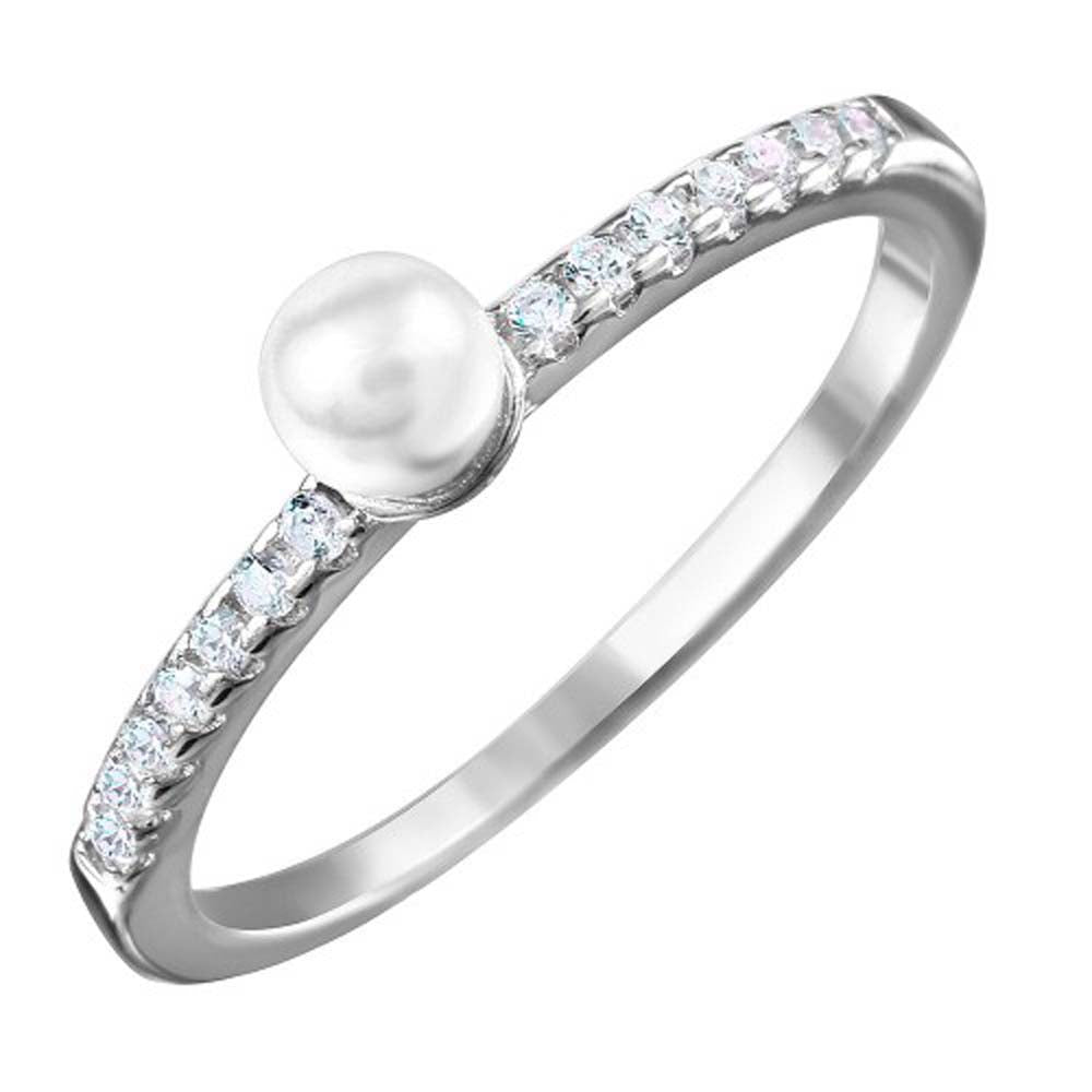 Sterling Silver Rhodium Plated Synthetic Center Pearl Ring with Cubic Zirconia Stones