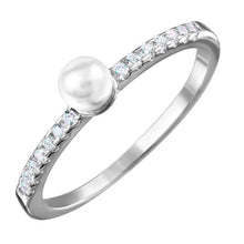 Load image into Gallery viewer, Sterling Silver Rhodium Plated Synthetic Center Pearl Ring with Cubic Zirconia Stones
