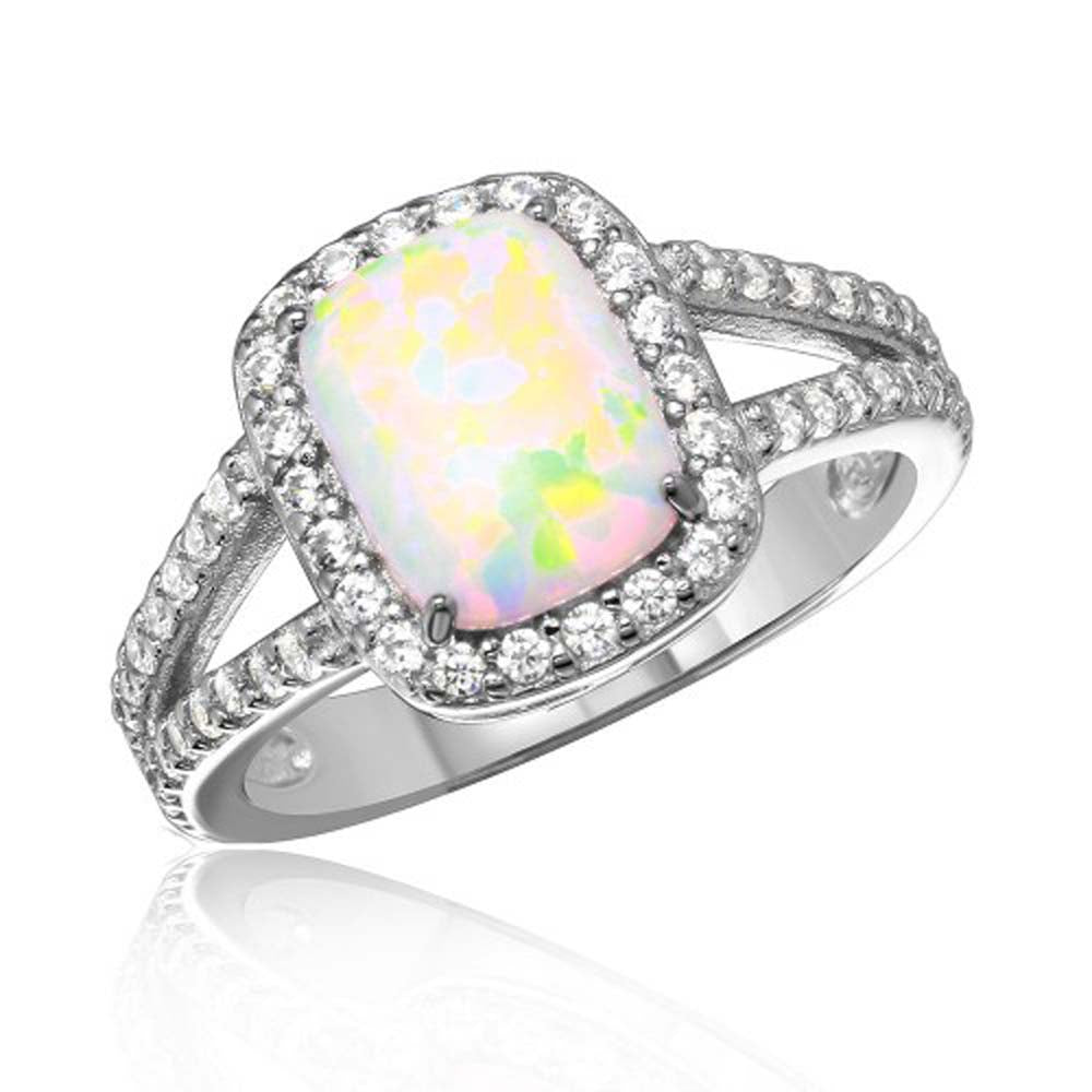 Sterling Silver Rhodium Plated Halo Ring With Synthetic Baguette Opal And CZ