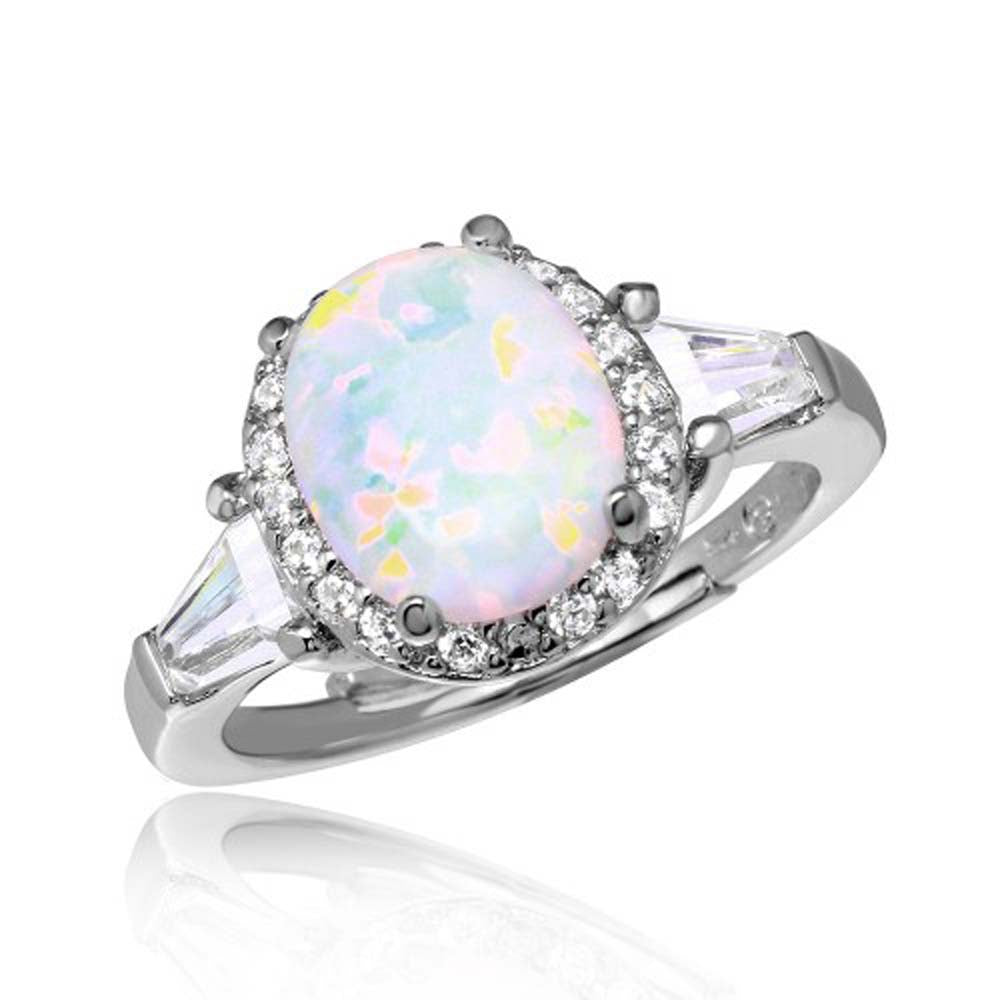 Sterling Silver Rhodium Plated Halo Ring With Synthetic Oval Opal And CZ