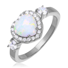 Load image into Gallery viewer, Sterling Silver Rhodium Plated Halo Heart Ring with Synthetic Opal and CZ