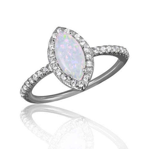 Sterling Silver Rhodium Plated Cats Eye Shaped Ring With Synthetic Opal And CZ