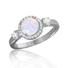 Load image into Gallery viewer, Sterling Silver Rhodium Plated Halo Ring With Synthetic Opal And CZ