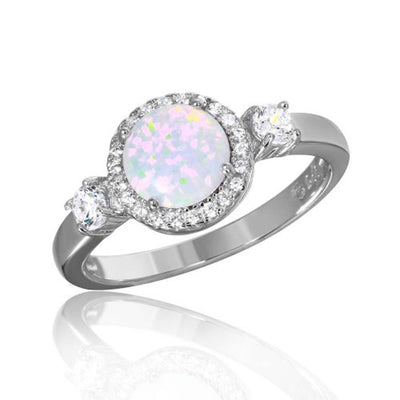 Sterling Silver Rhodium Plated Halo Ring With Synthetic Opal And CZ