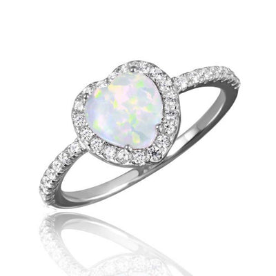 Sterling Silver Rhodium Plated Halo Heart Ring With Synthetic Opal And CZ