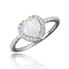 Sterling Silver Rhodium Plated Halo Heart Ring With Synthetic Opal And CZ