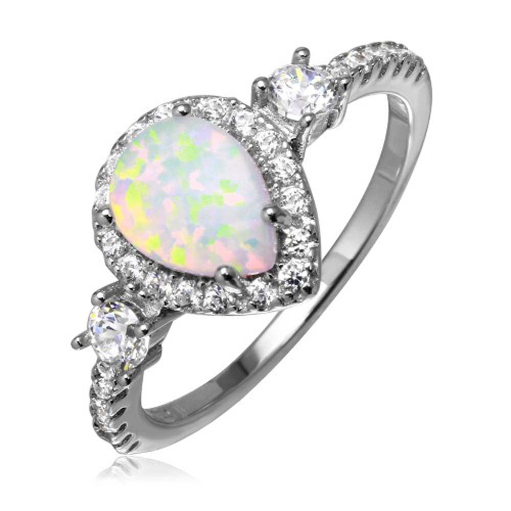 Sterling Silver Rhodium Plated Halo Pear Ring With Synthetic Opal And CZ