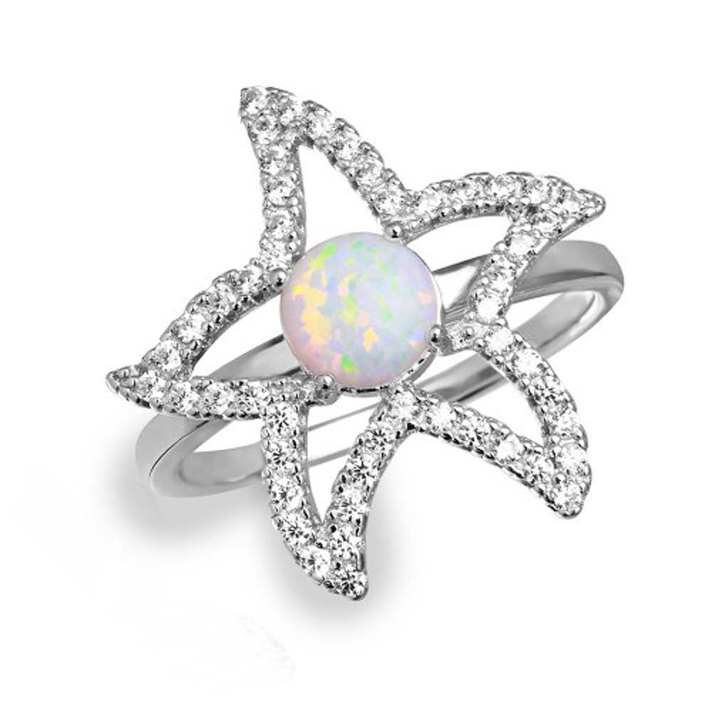 Sterling Silver Rhodium Plated Open Starfish Ring with Synthetic Opal and CZ