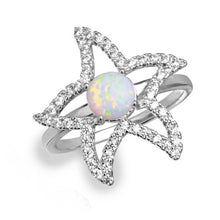 Load image into Gallery viewer, Sterling Silver Rhodium Plated Open Starfish Ring with Synthetic Opal and CZ