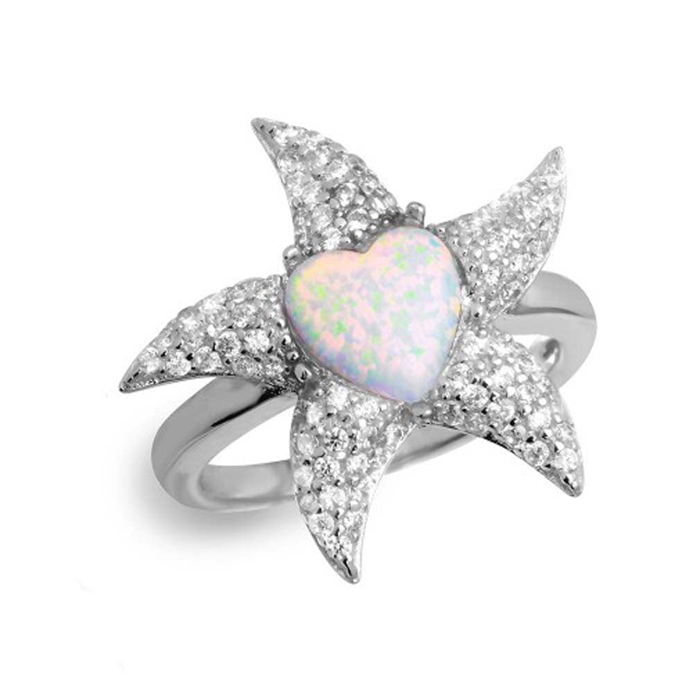 Sterling Silver Rhodium Plated Starfish Ring with Synthetic Opal and CZ