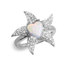 Load image into Gallery viewer, Sterling Silver Rhodium Plated Starfish Ring with Synthetic Opal and CZ