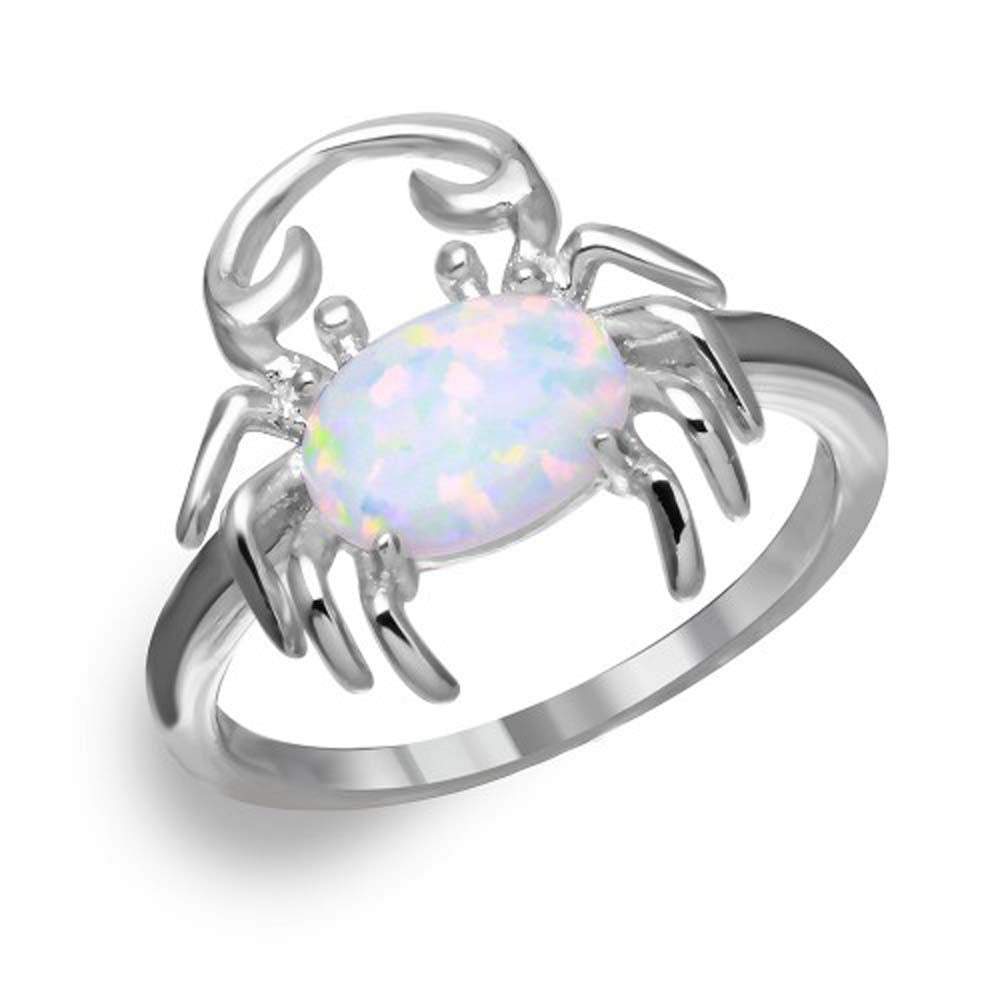 Sterling Silver Rhodium Plated Crab Design Ring with Synthetic Opal and CZ