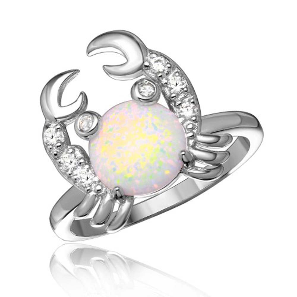 Sterling Silver Rhodium Plated Hanging Crab Design Ring with Synthetic Opal and CZ