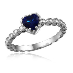 Sterling Silver Rhodium Plated Beaded Band Blue Heart Center Stone RingAnd Width 5mm