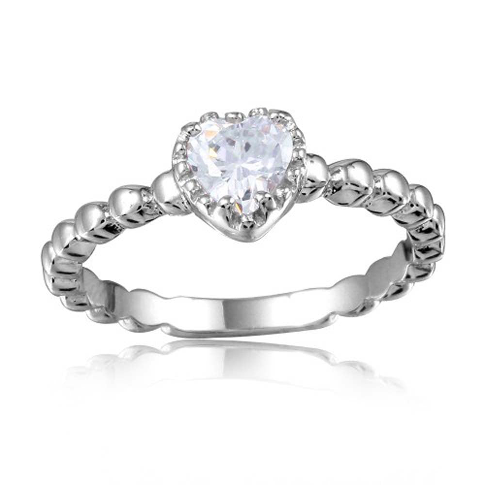 Sterling Silver Rhodium Plated Beaded Band Clear Heart Center Stone RingAnd Width 5mm