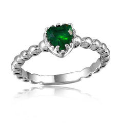 Sterling Silver Rhodium Plated Beaded Band Green Heart Center Stone RingAnd Width 5mm