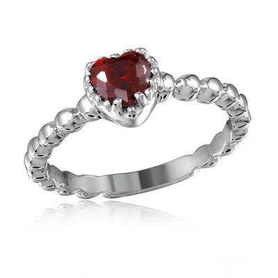 Sterling Silver Rhodium Plated Beaded Band Red Heart Center Stone RingAnd Width 5mm