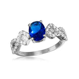 Sterling Silver Rhodium Plated Blue Sapphire Center Stone Ring With CZ Shank