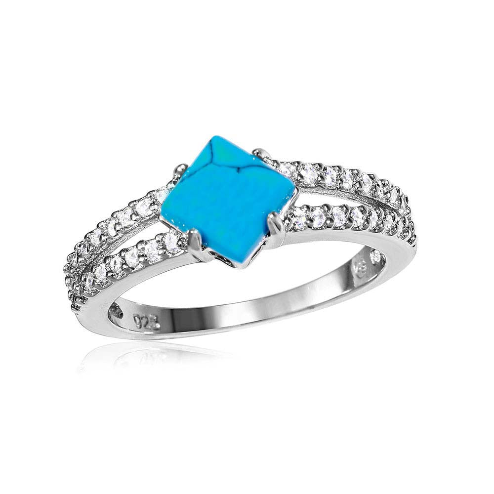 Sterling Silver Rhodium Plated Turquoise Center Stone Ring With CZ Shank