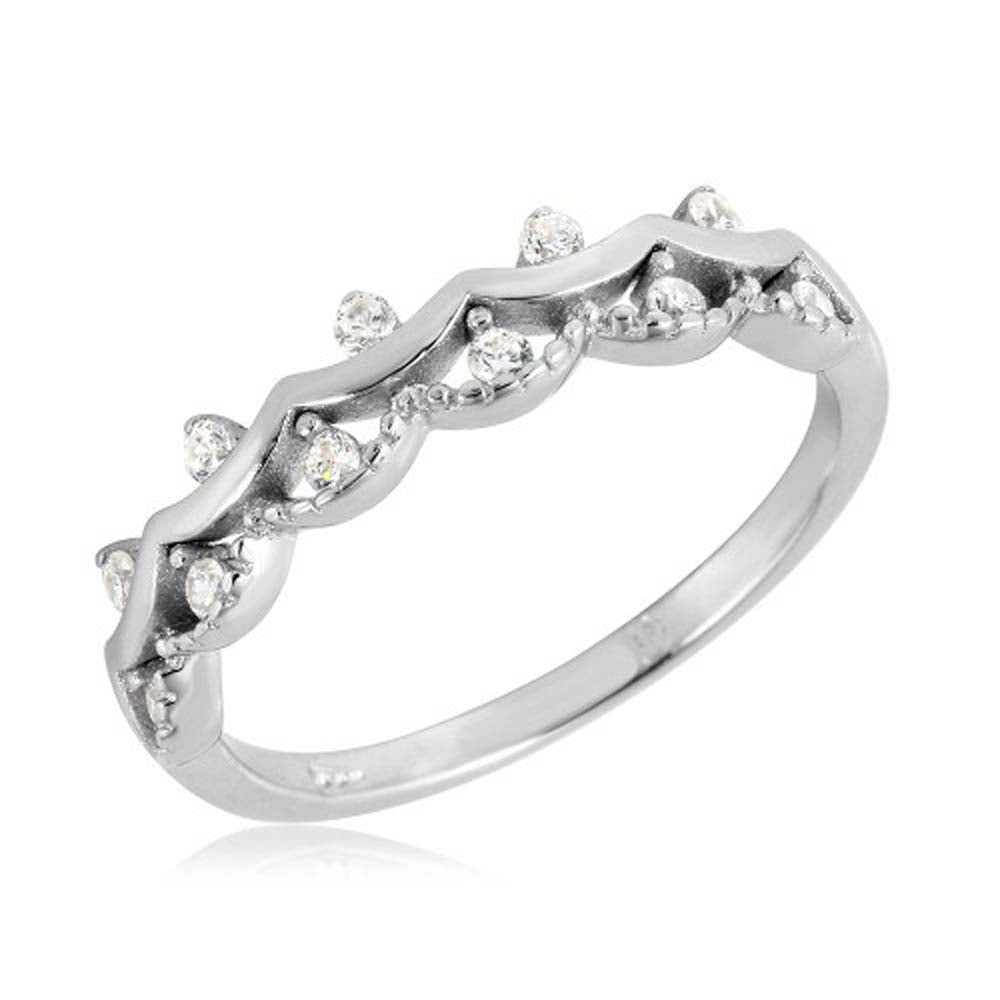 Sterling Silver Rhodium Plated Crown Shaped Ring With CZ Stones