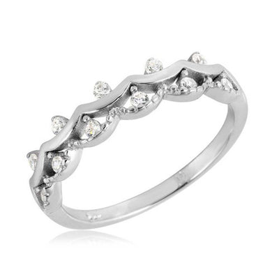 Sterling Silver Rhodium Plated Crown Shaped Ring With CZ Stones