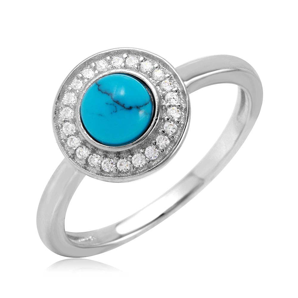 Sterling Silver Rhodium Plated Turquoise Center Halo CZ Ring