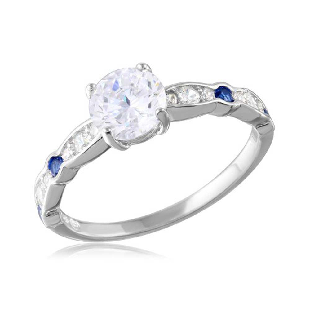 Sterling Silver Rhodium Plated Round Shaped Ring With Blue And Clear CZAnd Width 6mm