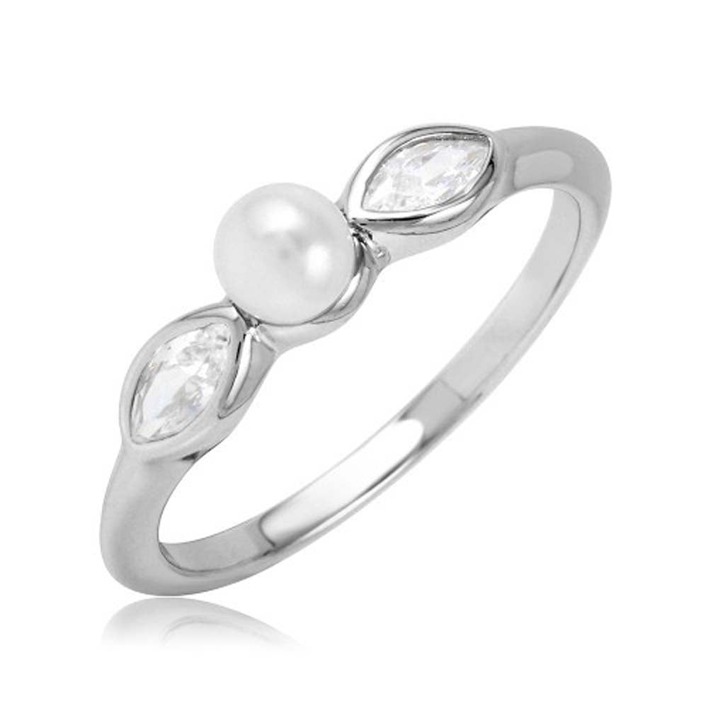 Sterling Silver Rhodium Plated Cats Eye CZ Synthetic Pearl Center Stone Ring