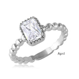 Sterling Silver April Rhodium Plated Beaded Shank Square Center Birthstone Ring