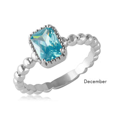 Sterling Silver December Rhodium Plated Beaded Shank Square Center Birthstone Ring