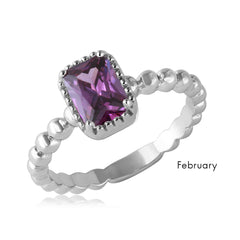 Sterling Silver February Rhodium Plated Beaded Shank Square Center Birthstone Ring